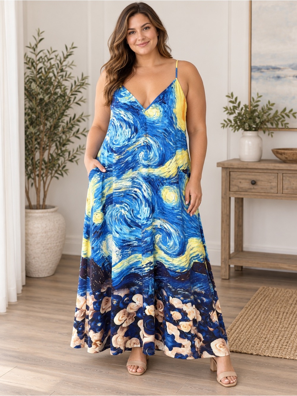 NWOT 2XL Van Gogh Starry Night Art Print Maxi Cami Dress Blue